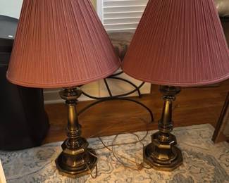 Pair of Vintage Brass Table Lamps with Pink Pleated Shades