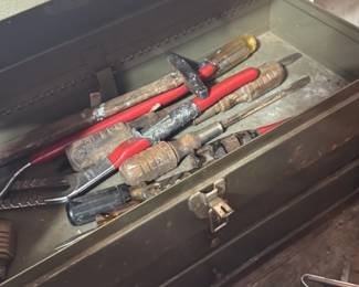 Vintage Metal Toolbox with Assorted Tools