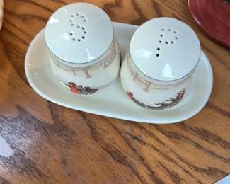 Vintage Christmas Scene Salt and Pepper Shakers with Tray