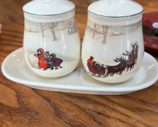 Vintage Christmas Scene Salt and Pepper Shakers with Tray