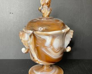 Imperial Glass caramel slag seahorse lidded candy jar Vtg