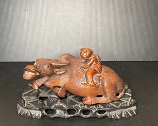 Hand-Carved Wooden Ox Figurine vtg