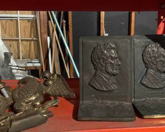 Abraham Lincoln iron bookends, brass eagle door knocker vtg 