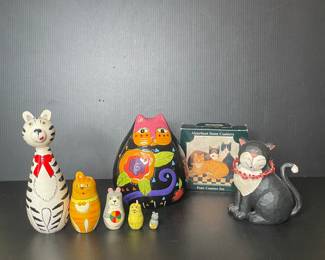 Cat folk art, nesting dolls & coasters