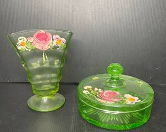 vintage green (likely uranium) glass footed fan vase & lidded dish
