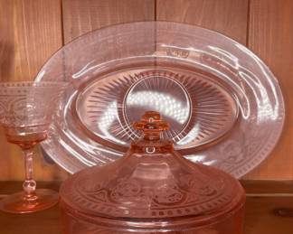 Pink depression glass vintage Covered dish & platter