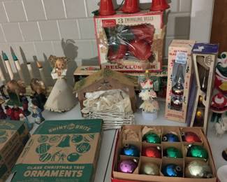 vintage bells and shiny brite ornaments