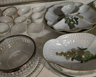 white and gold fire king cups and saucers,silver bowl and relish trays