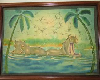 Vintage Original Batik Hippo Watercolor Painting, Artist Signed