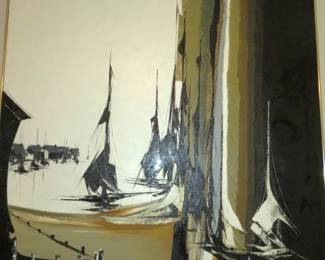 Large Mid Century Modern Abstract Nautical Scene Oil Painting Signed