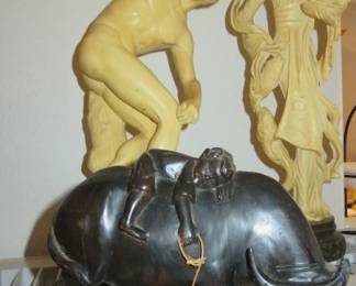 Vintage Chinese Carved Wood "Boy on Water Buffalo" Sculpture