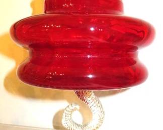MCM Empoli Italian Vera Blown Ruby Red Covered Candy Dish w/Clear Pedestal