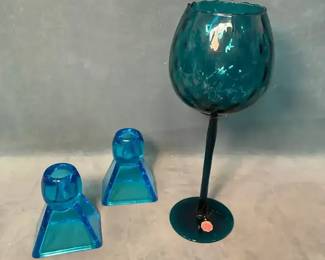 Art Deco Blue Glass Candle Holders And Italian Blue Wine Glass