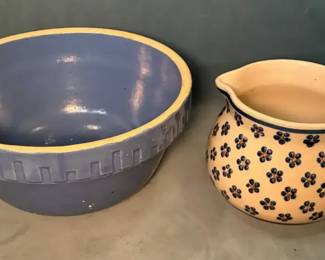 Portuguese Pottery Small Pitcher And Blue Bowl