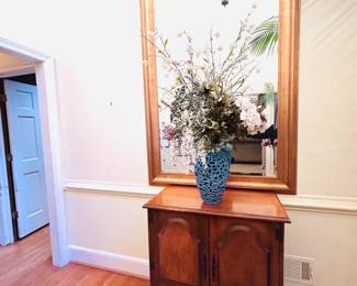 Bar cabinet, large framed mirror, large case with florals