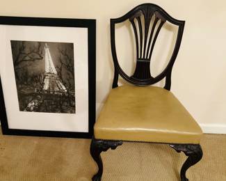 Eiffel Tower print.  Vintage Chippendale or Sheraton style mahogany shield-back dining side chair with cabriole legs and ball-and-claw feet & tan seat