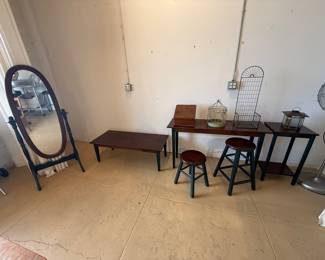 Set of Wood Furniture, Green Painted Legs & Brown Tops