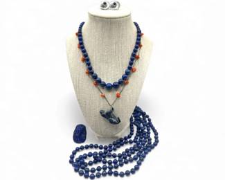 94 MixedLapisCoralJewelrySetwSajenPharaohRingFetishPendant