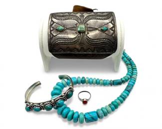 95 TurquoiseJewelryLotwLargeCuffBeadedNecklaceRedStoneRing