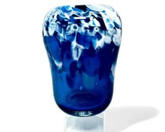 37 CobaltBlueWhiteSwirlArtGlassVaseHandBlownForm