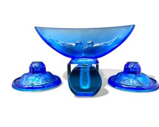 14 VerlysBlueGlassLovebirdsBowlWaterLilyCandleHoldersOther