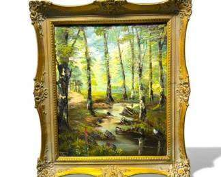 125 SignedForestStreamPaintingOrnateGoldFrameVintage
