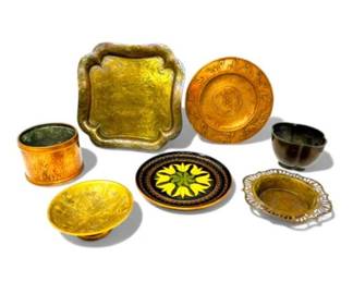 32 VintageMetalPlatesBowlsTrayswEtchedPaintedDesigns
