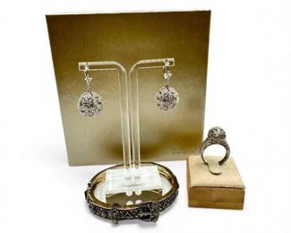 97 SterlingMarcasiteJewelrySetBraceletEarringsRing549g