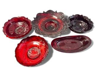 146 RedRockRubyPressedGlassServingBowlsPedestalDish5Pc