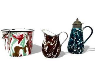 19 Setof3EnamelwarePiecesMarbledPitcherBucketPot