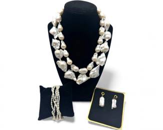 96 14KLargeOrganicPearlNecklace14KSeedPearlBraceletEarrings