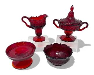 145 RedRockRubyPressedGlassSugarCreamerwCompotes4Pc