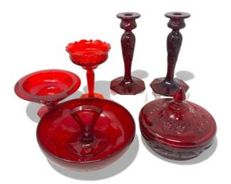 141 RedRockCrystalGlassCollectionwPairofCandlesticks6Pcs