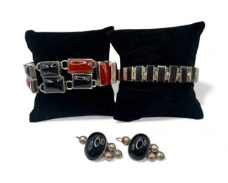 83 VintageSterlingJewelryChileMexicoOnyxBraceletsEarrings103g