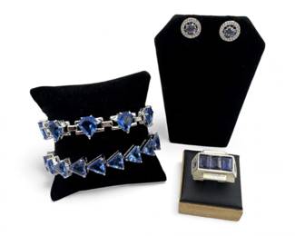 116 SterlingSilverBlueStoneJewelrySetBraceletsRingStuds718g