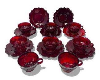 144 RedRockRubyPressedGlassTeacupsSaucersSet8Pairs