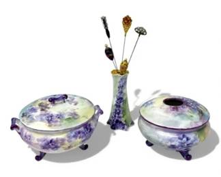129 HandPaintedPorcelainDishTriowVintagePinsPurpleFloralDesign