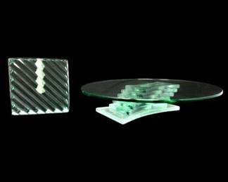 46 GreenArtGlassServingPlateRibbedCandleHolderDisplaySet