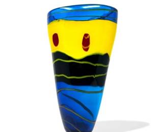16 AbstractHandBlownArtGlassVaseBlueYellowRedSwirl