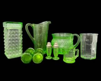 11 AssortedGreenUraniumGlassCollectionPitchersShakersJar
