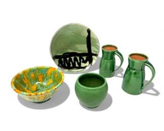 42 StudioPotterySetPacificBowlSignedPlateGreenCreamers