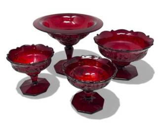 142 RedRockRubyPressedGlassPedestalCompotesBowlSet4Pc