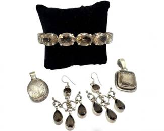 118 SterlingSmokyQuartzJewelryLotBraceletPendantsEarrings