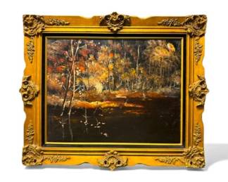 127 FramedForestSceneVelvetInnerFrameSignedVintageLook