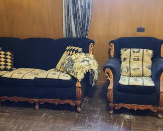 Vintage couch and chair with wood carved features. Cushions reversible to be all black or to have pattern shown. 