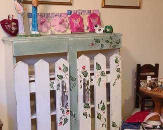 Bunny and garden themed hand painted children's furniture. 2000's children's clothing hooks. 
