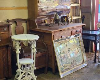 Vintage wooden kitchen furniture. Victorian side table. Flamingo mirror/painting. Glass curio side table. 