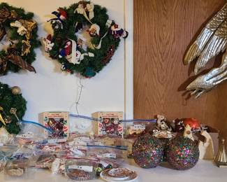 Christmas ornaments and hanging Christmas decorations. Many vintage and hand made bulbs.