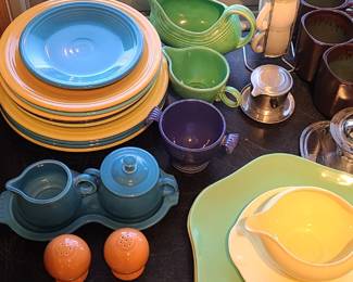 Fiestware, espresso cups, other plates and bowl. 