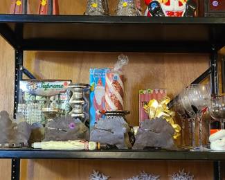 Christmas decorations, Santa cookie jar, candle holders, many candles in good condition, Christmas lights, cookie cutters, indoor and outdoor decorations. 